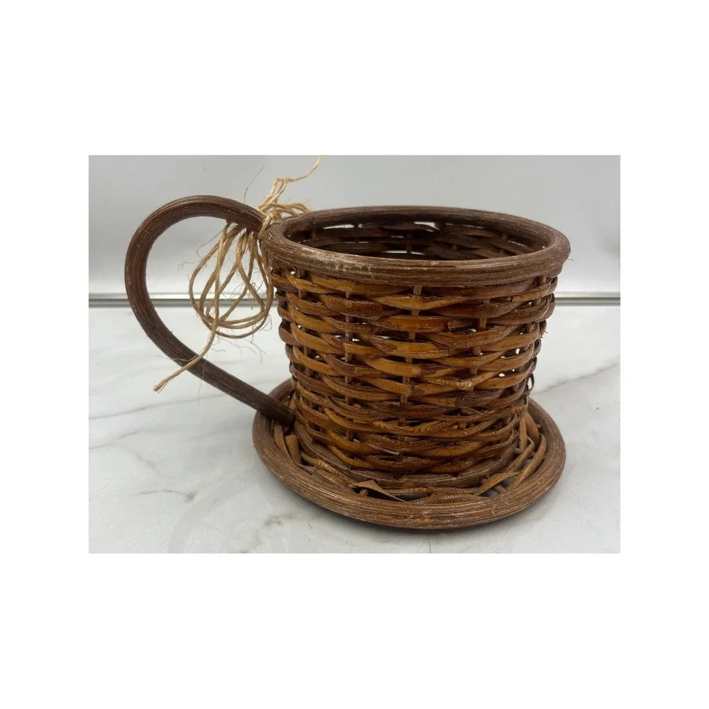 Vintage Wicker Teacup Saucer Basket Woven Brown Decorative Planter Farmhouse